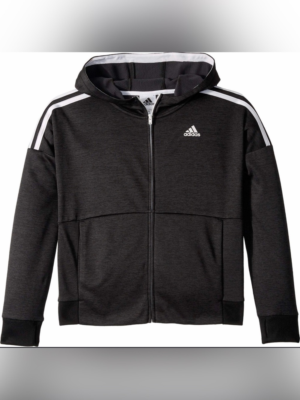 Adidas Kids 7/8 Black Full Zip Hooded Athletic Jacket 3 Stripe